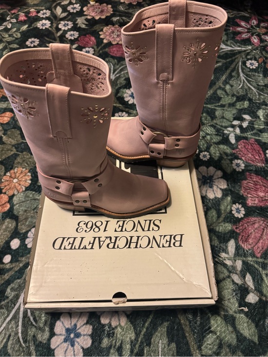 Frye Shoes - Frye Pink Leather Harness Booties with Cutout Floral Details